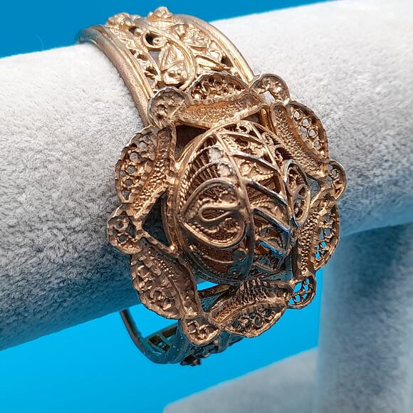 Vintage Gold Tone Filigree Openwork Cuff Bracelet, Egyptian Revival, 6 1/2 Inch - Picture 1 of 13